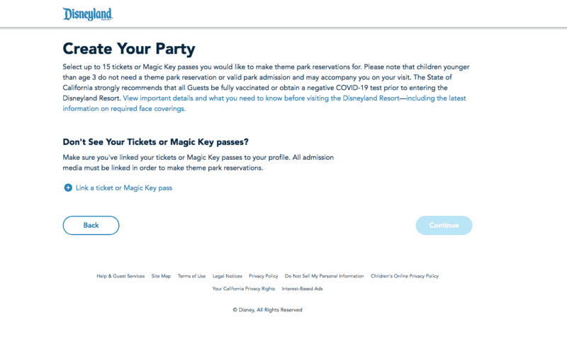 Disneyland webpage showing where to link park tickets