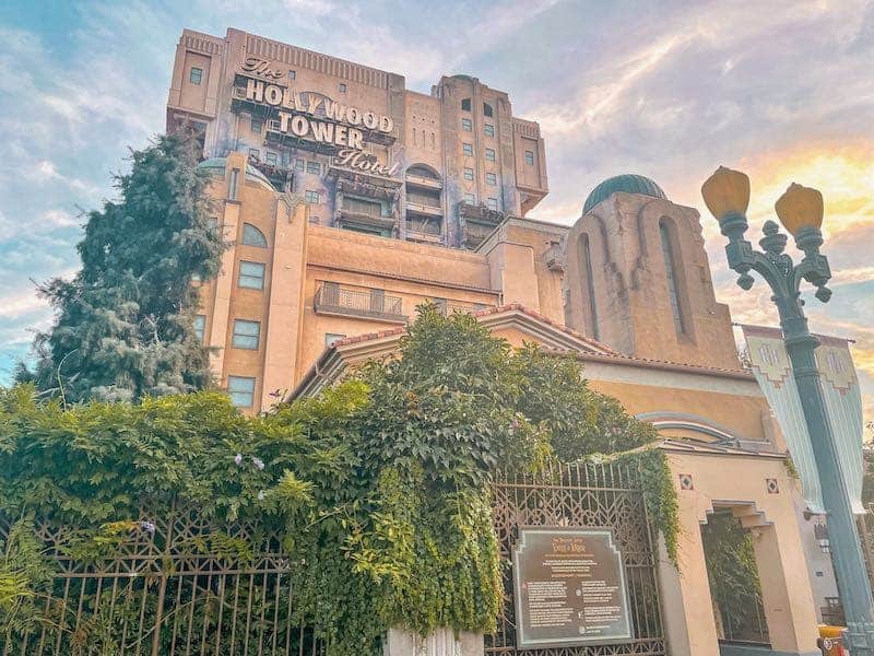 Hollywood Tower of Terror in Walt Disney Studios looks moody at sunset