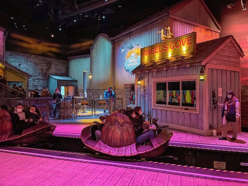 Crush's Coaster is part of the Walt Disney Studios plan; here riders are about to take off on the turtle shaped ride cars