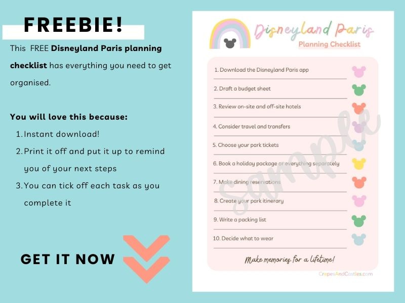 Text reads: This FREE Disneyland Paris planning checklist has everything you need to get organised.