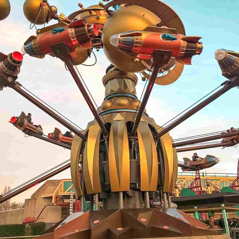 Orbitron is a rotating rocket ride inspired by Leonardo da Vinci's visionary drawings of the solar system