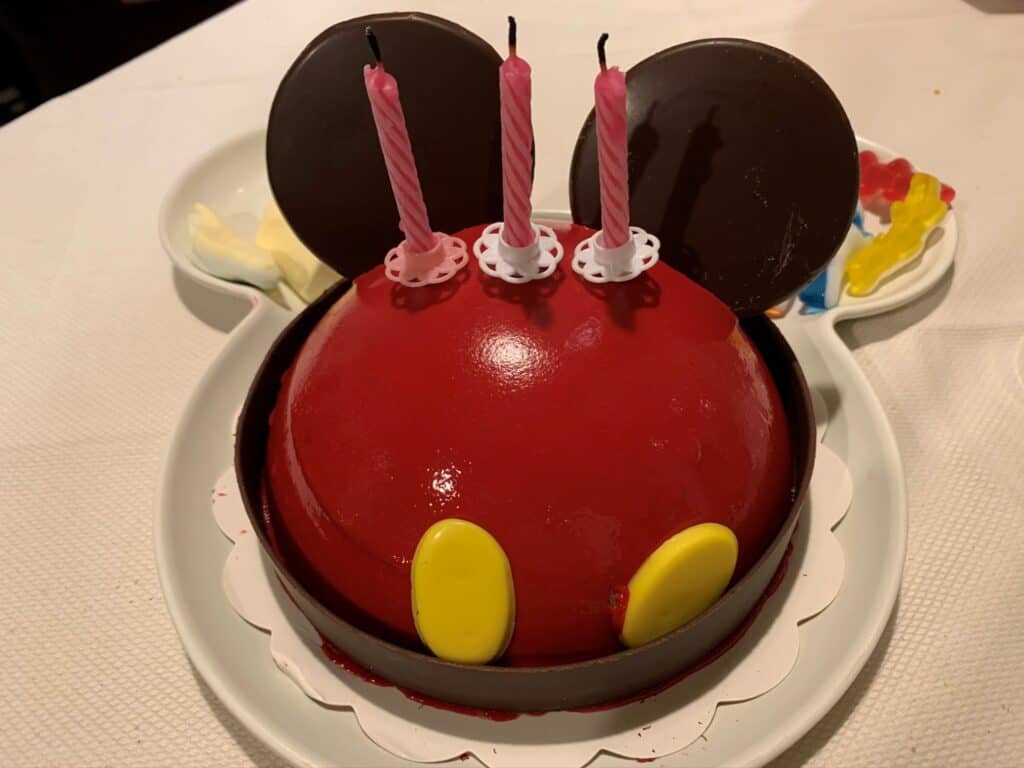 Mickey Mouse's red shorts and his giant chocolate mouse ears make up this birthday cake at Disneyland Paris. It can be special requested at the time of booking.
