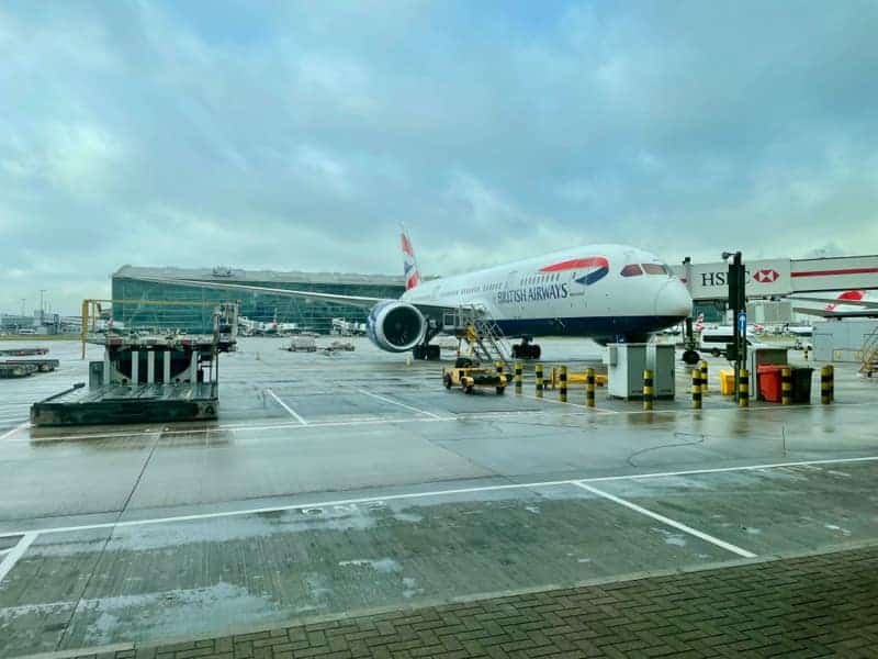 British Airways plane at Heathrow preparing to depart for USA