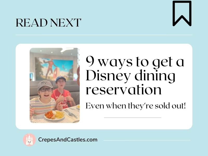 Image is of 2 boys eating dinner and smiling. The text reads: 9 ways to get a Disney dining reservation, even when they are sold out 
