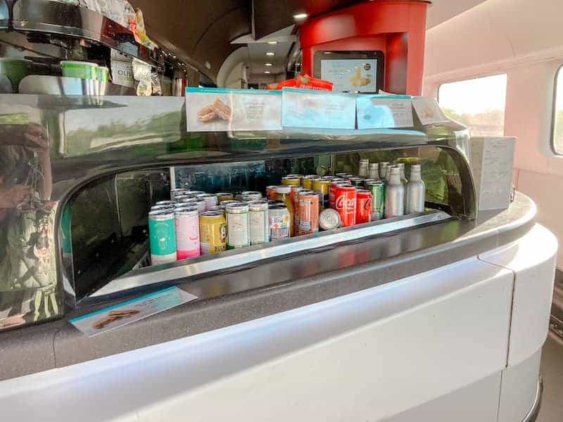 The kiosk on Eurostar which offers a selection of canned cold drinks and hot tea and coffee. Snacks are also available