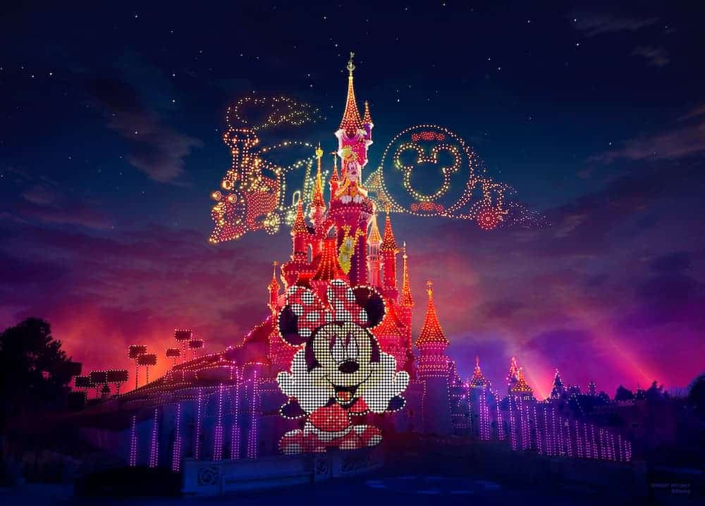 Disney Electrical Sky Parade takes place at the castle - porjections and drones work together to create dazzling displays