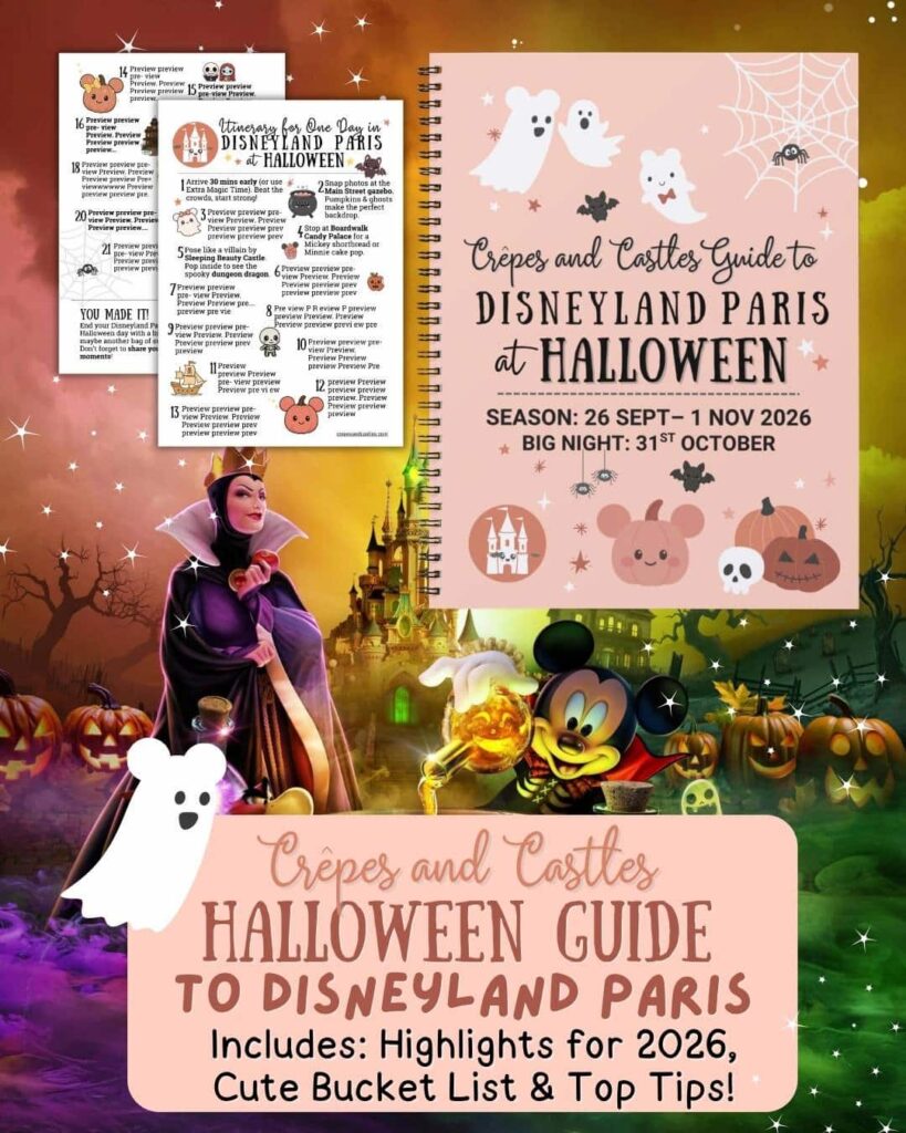 Cover and preview pages of the Disneyland Paris at Halloween Guide 2026 printable PDF, featuring ghosts, pumpkins, Mickey Mouse, and the Evil Queen. Includes Halloween bucket list, entertainment highlights, snacks, characters, and top travel tips for visiting Disneyland Paris in October.