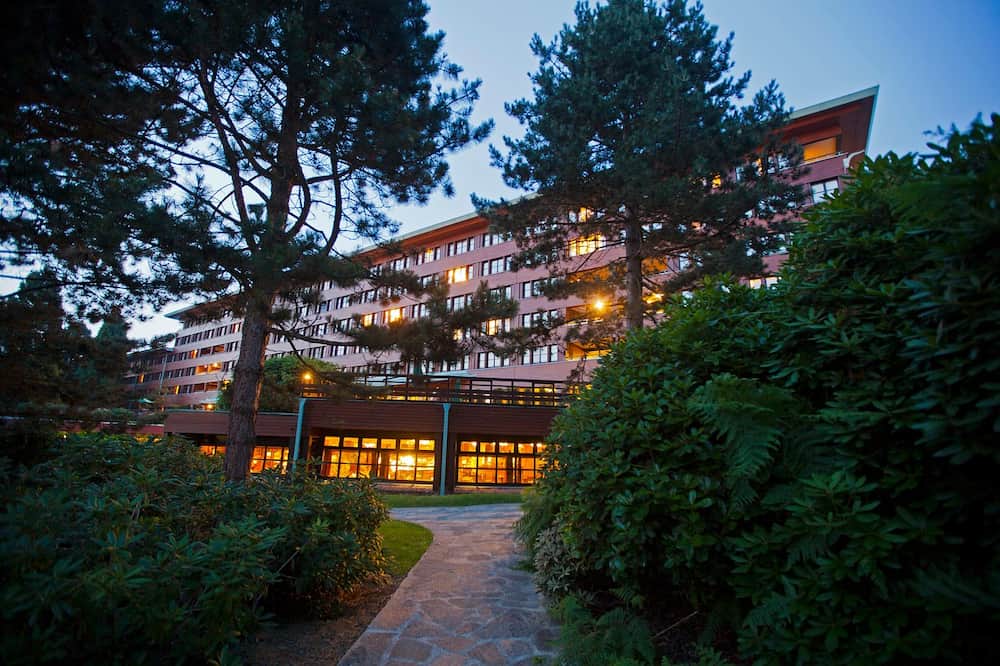 Rustic Disney Sequoia Lodge is nestled in the trees. A welcoming warm light spills from the windows