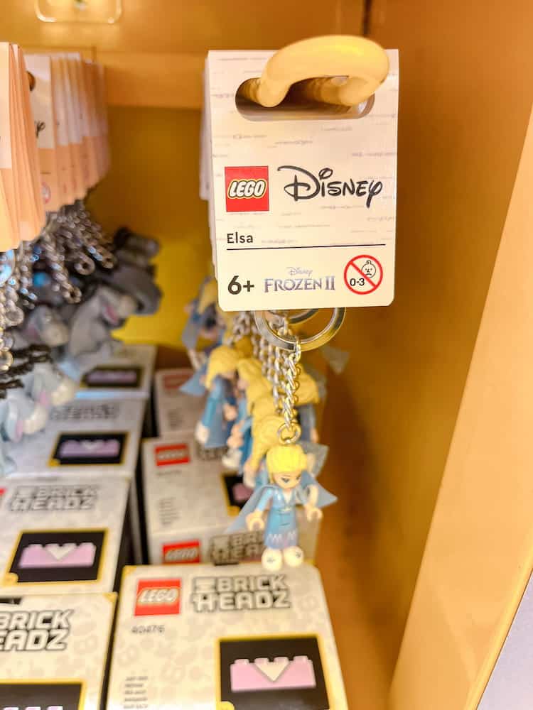 Elsa from Frozen as a Lego keychain, a cheap souvenir from Disneyland Paris for kids
