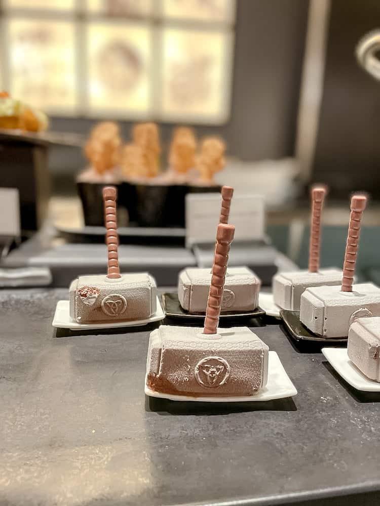 A tray with Avengers-themed Thor hammer chocolate desserts