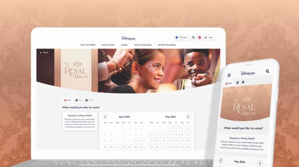 On a copper background, a laptop and a mobile phone are open to a browser showing booking options for My Royal Dream Disneyland Paris