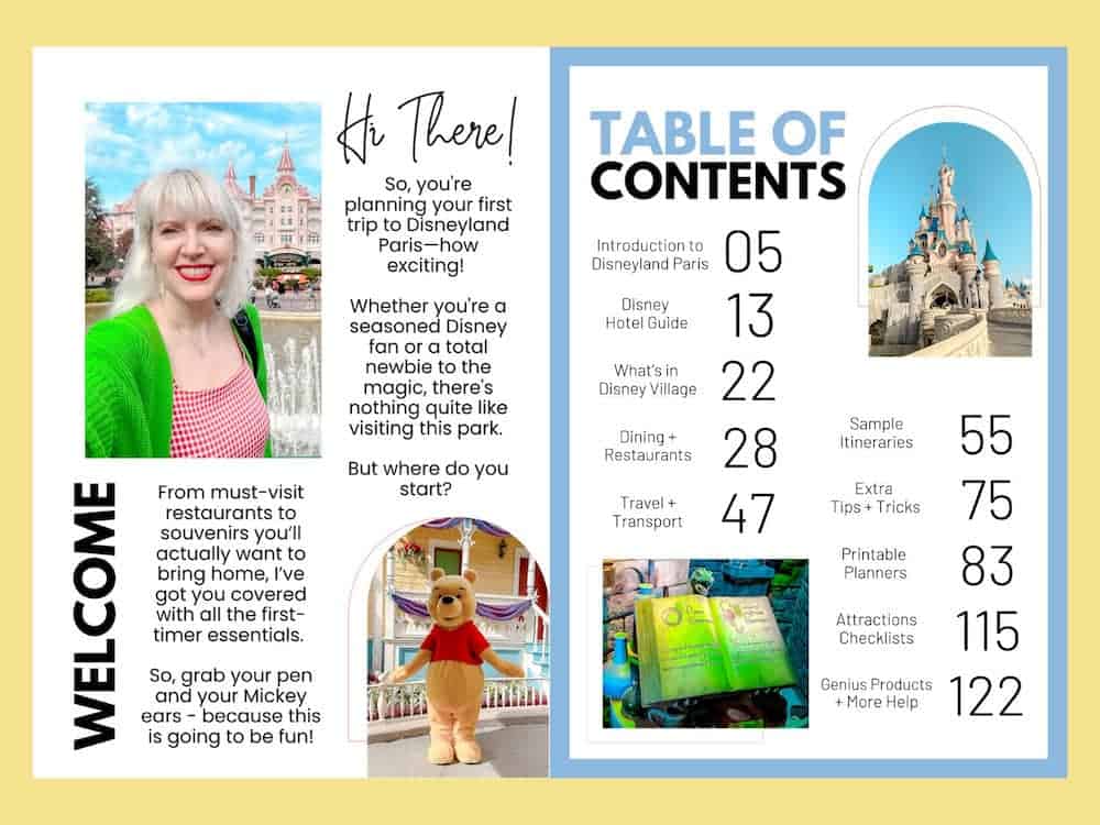 A page from the Disneyland Paris Planning Guide 2025, featuring a warm welcome from the author, Carrie-Anne, with a photo of her at Disneyland Paris. The opposite page shows a structured table of contents, listing sections such as hotel guides, dining tips, sample itineraries, and printable planners