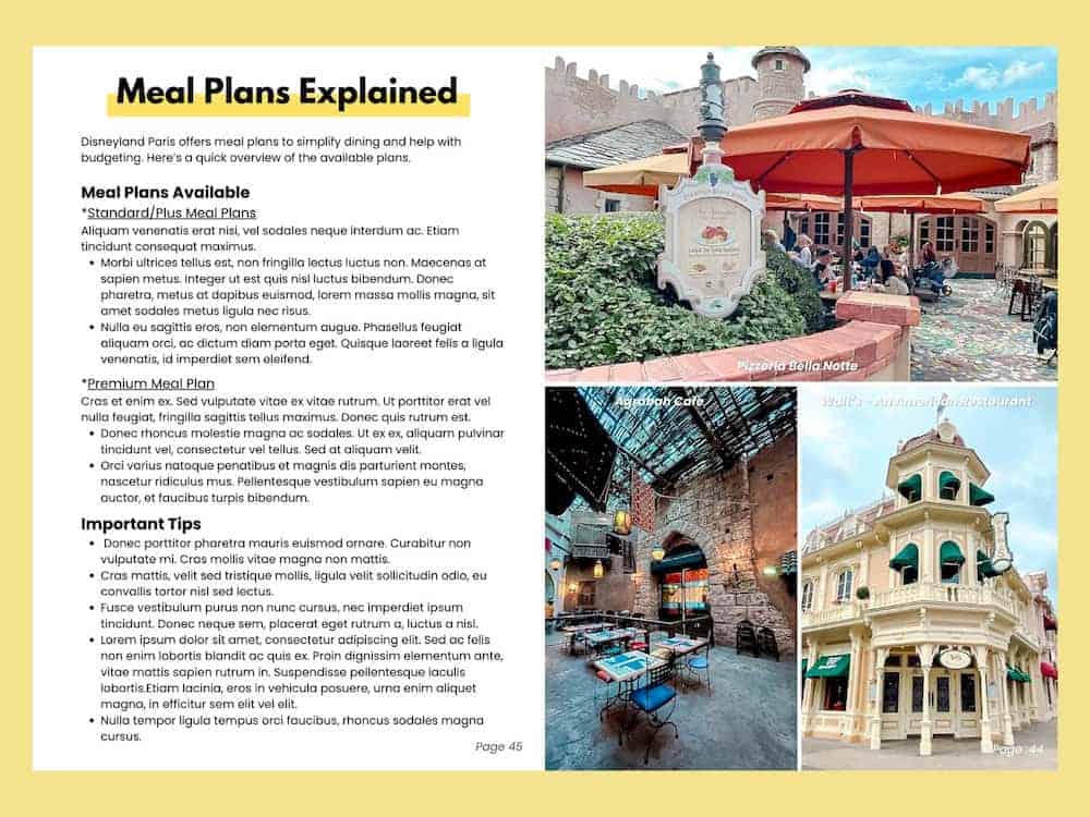 A guide page explaining Disneyland Paris meal plans, detailing different dining packages, pricing, and tips for making the most of meal credits. Includes images of popular dining locations like Pizzeria Bella Notte, Agrabah Café, and Walt’s.