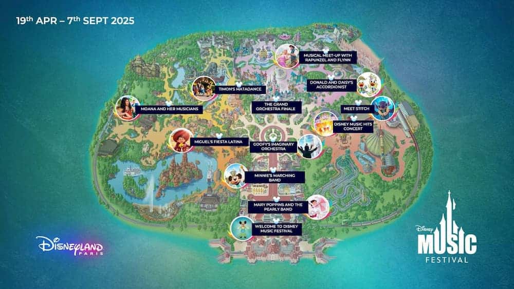 Illustrated map of Disneyland Paris showing key locations and performances for the Disney Music Festival, including Moana, Stitch, and Miguel.