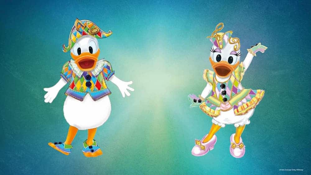 Donald and Daisy Duck in colourful, harlequin-style outfits for the Disney Music Festival.