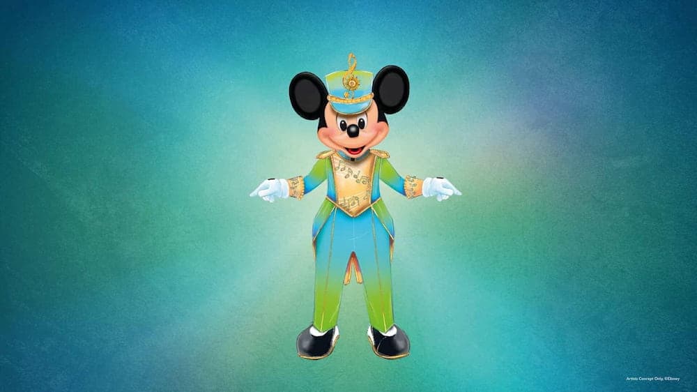 Mickey Mouse in a vibrant musical bandleader outfit for the Disney Music Festival at Disneyland Paris.