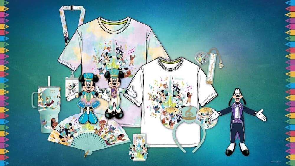 Exclusive Disney Music Festival merchandise, including t-shirts, mugs, plush toys, and accessories.