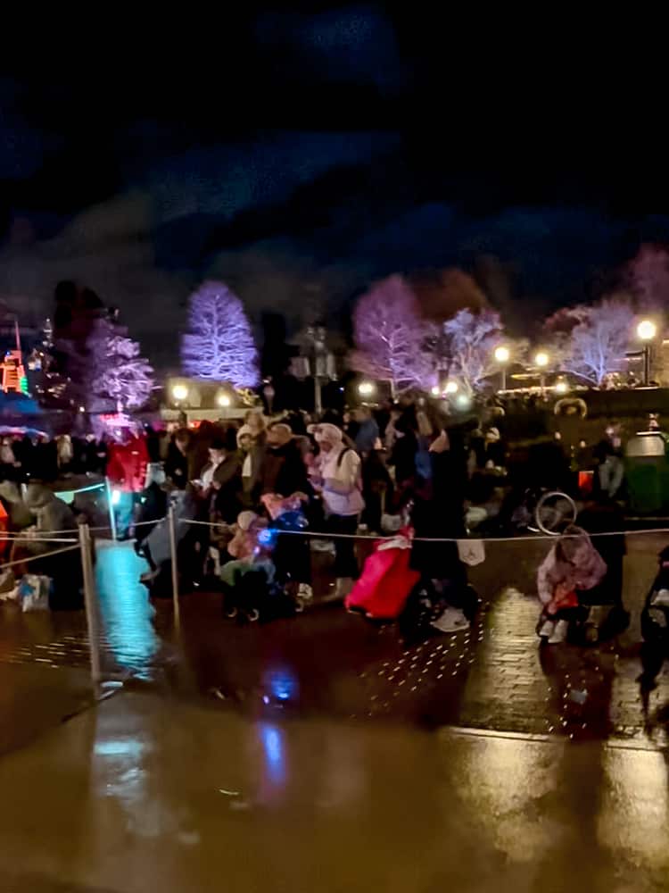 Guests sitting inside the Tales of Magic Reserved Access area, waiting for the Disneyland Paris nighttime spectacular to begin.