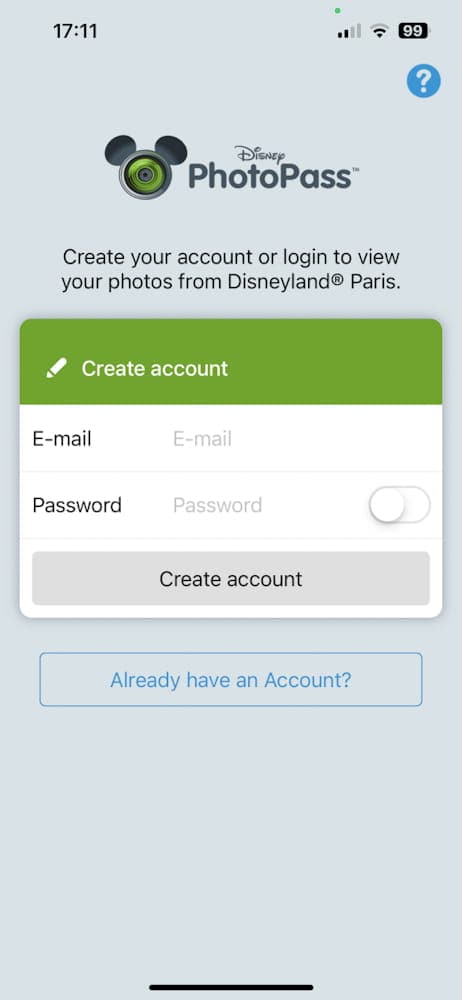 Disneyland PhotoPass app login screen, where you can access all your professional park photos. One of the best Disneyland Paris apps for preserving memories.