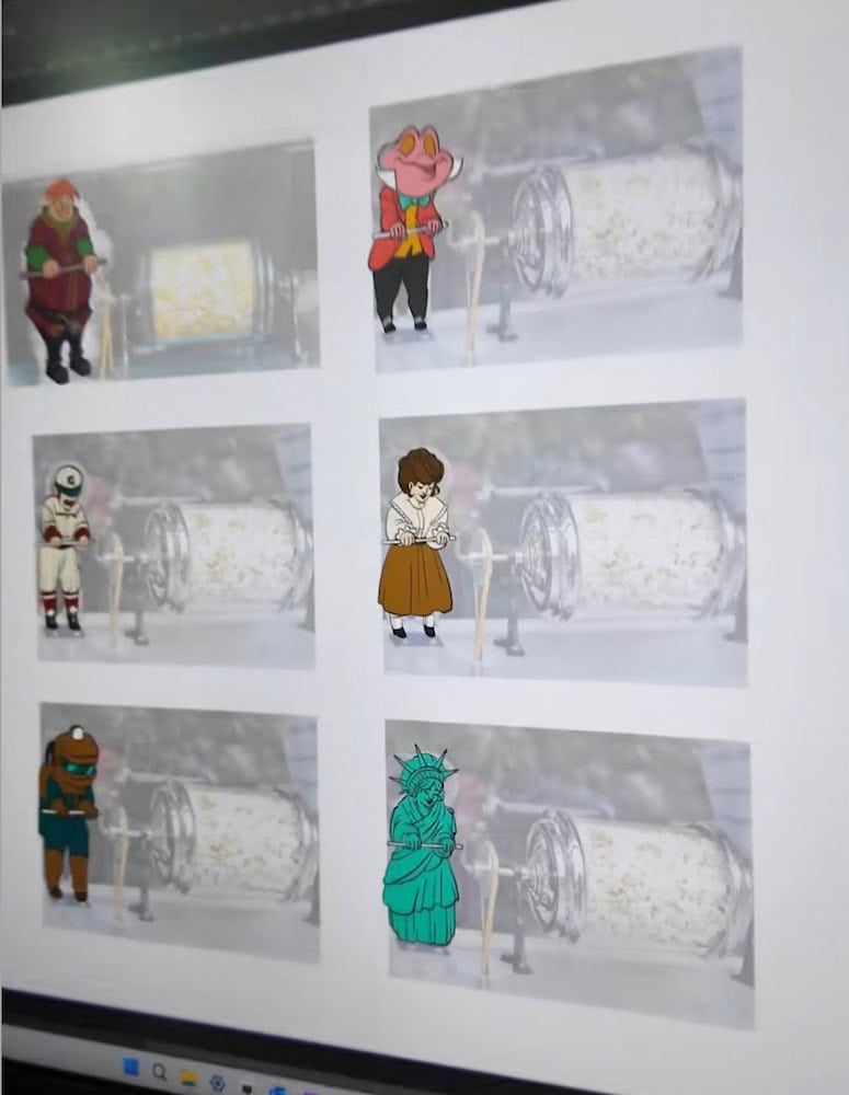 A preview of new Disneyland Paris popcorn doll designs, including a frog in a bowtie, the Statue of Liberty, and a deep-sea diver, displayed on a monitor.