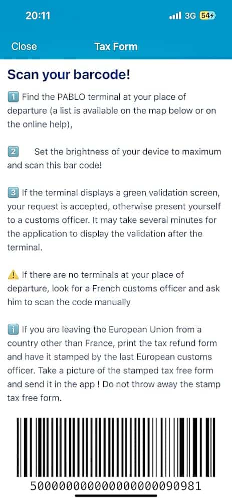 Step-by-step instructions from the SkipTax app for scanning barcodes at PABLO terminals, essential for saving money at Disneyland Paris.
