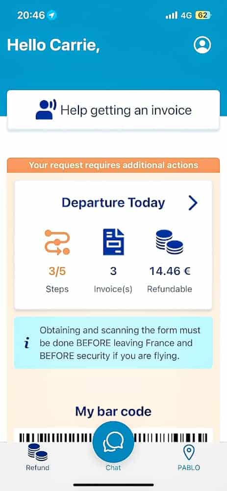 The SkipTax app dashboard showing refund status and invoices, helping Disneyland Paris visitors reclaim VAT on purchases.
