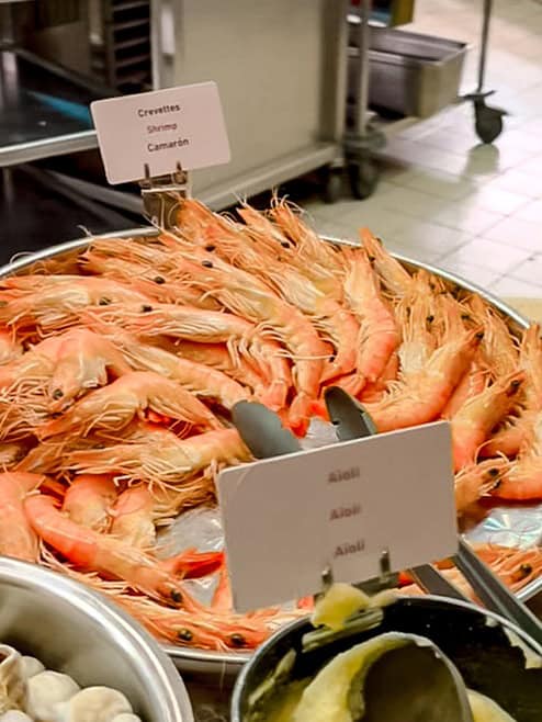 Fresh shrimp with aioli at Plaza Gardens character dining buffet in Disneyland Paris.