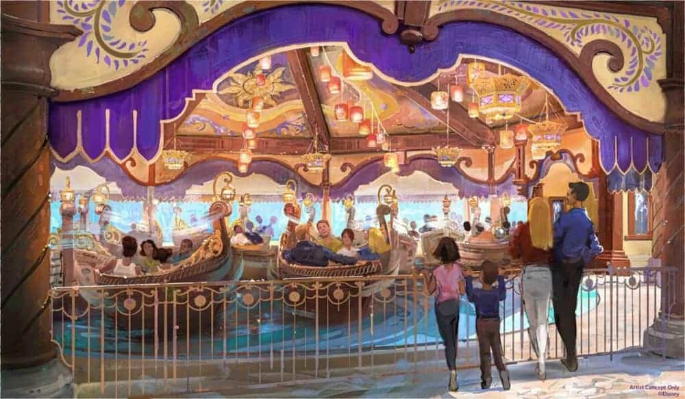 Rapunzel Tangled Spin: Concept art of the Raiponce Tangled Spin ride, featuring guests in lantern-lit gondolas inspired by the Tangled movie, part of the Disney Adventure World expansion.