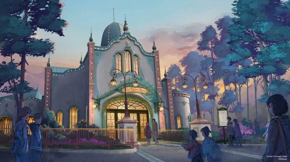 Concept art of The Regal View Restaurant and Lounge, an elegant lakeside dining experience in Disney Adventure World at Disneyland Paris.