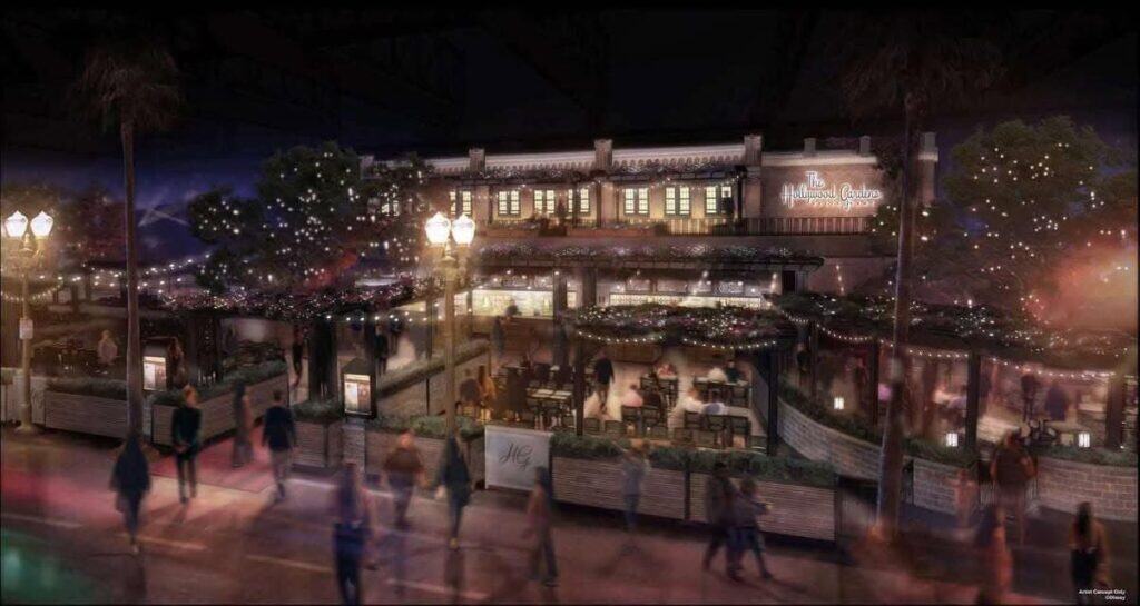 Concept art of Hollywood Gardens Restaurant at Disneyland Paris, featuring twinkling lights, lush greenery, and an inviting outdoor seating area. Guests stroll past the elegant Art Deco-style restaurant, set against a dreamy nighttime backdrop.