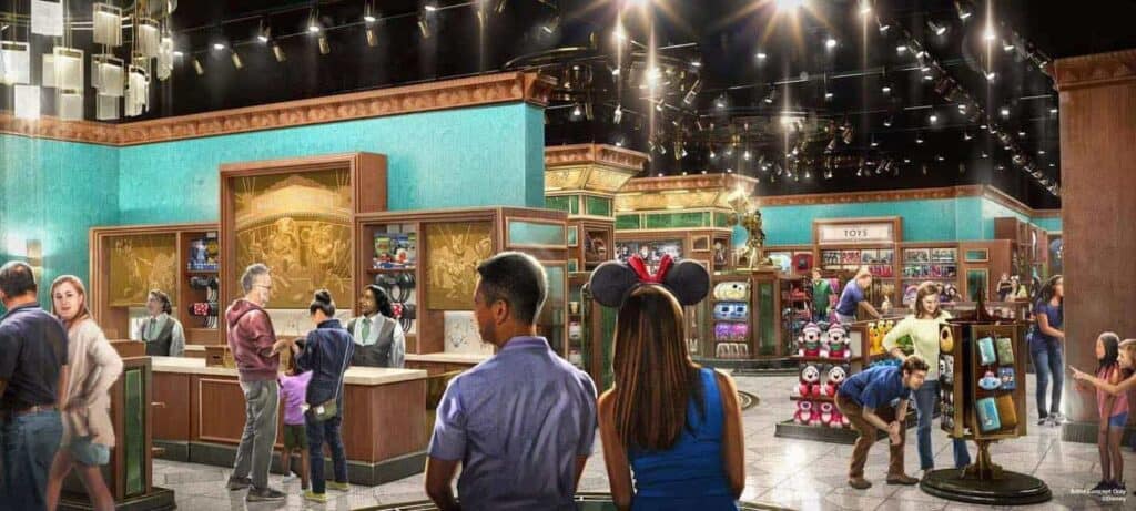Concept art of Mickey’s of Hollywood Boutique at Disneyland Paris, showcasing an elegant Art Deco-inspired interior with golden detailing, turquoise walls, and stylish merchandise displays. Guests browse through Disney souvenirs, plush toys, and collectibles under sparkling overhead lights.