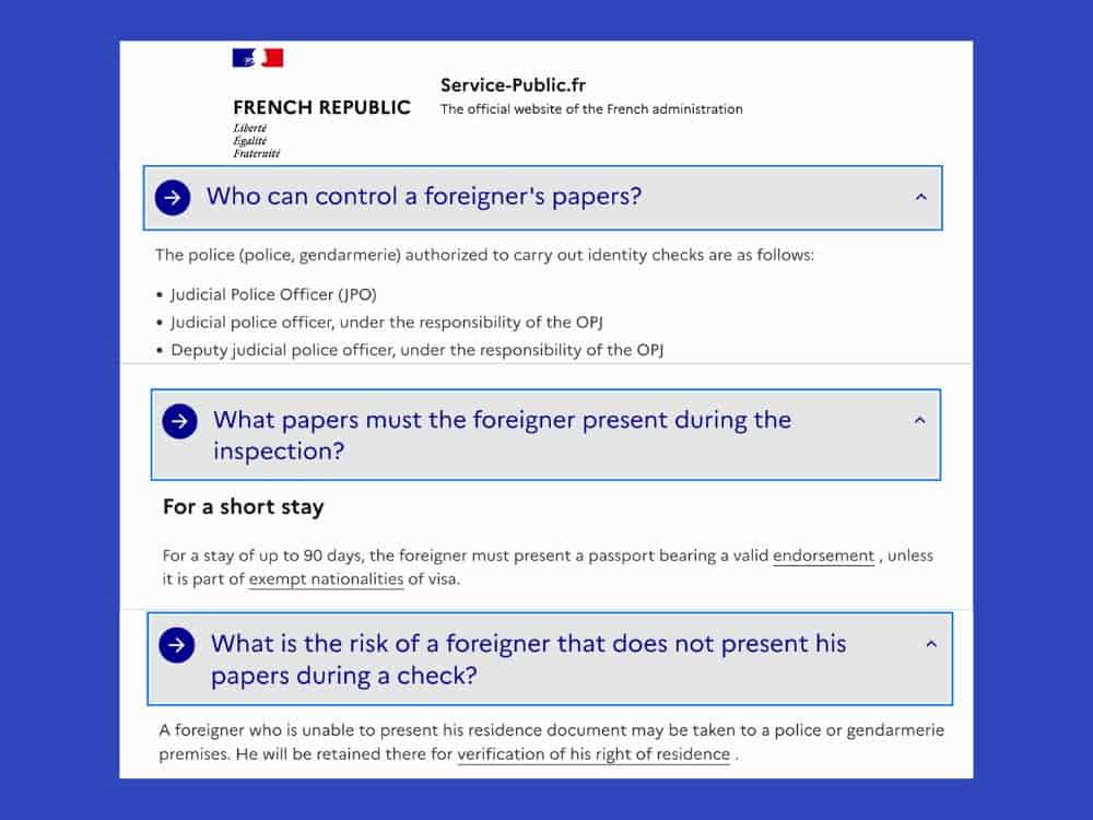 Screenshot from the official French government website explaining that foreign visitors must carry a valid passport in France, including Disneyland Paris, and may be detained if unable to present identification when asked.