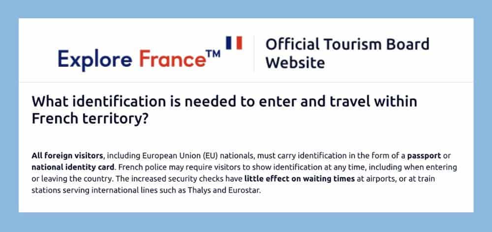 Screenshot from the Explore France official tourism website stating that all foreign visitors, including EU nationals, must carry identification in the form of a passport or national identity card while in France, including at Disneyland Paris.