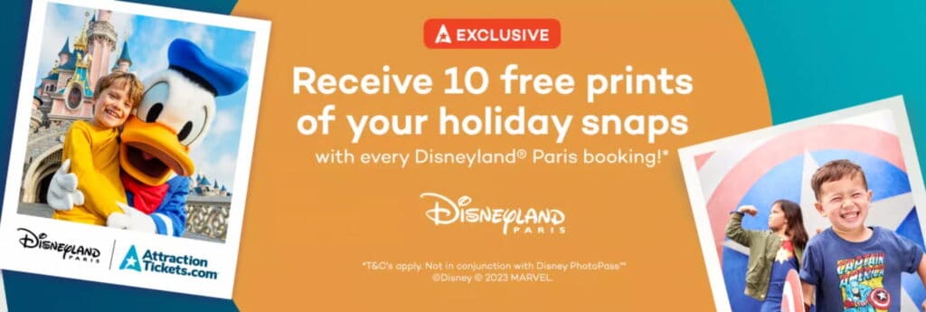 Promo image showing Donald Duck with a child and a Disneyland Paris castle backdrop, advertising Attraction Tickets offer with free photo prints.