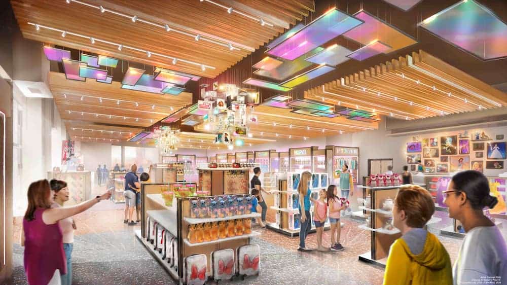 Illustration of the future Disney Wonders shop at Disneyland Paris, showing a vibrant retail space with wooden ceiling beams, rainbow-hued hanging lights, and displays featuring Pixar, Marvel, and Disney merchandise. Shoppers browse colourful shelves filled with plush toys, suitcases, and themed clothing.