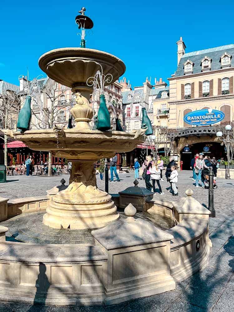 Ratatouille-themed fountain and plaza in Walt Disney Studios Park at Disneyland Paris during a one day itinerary