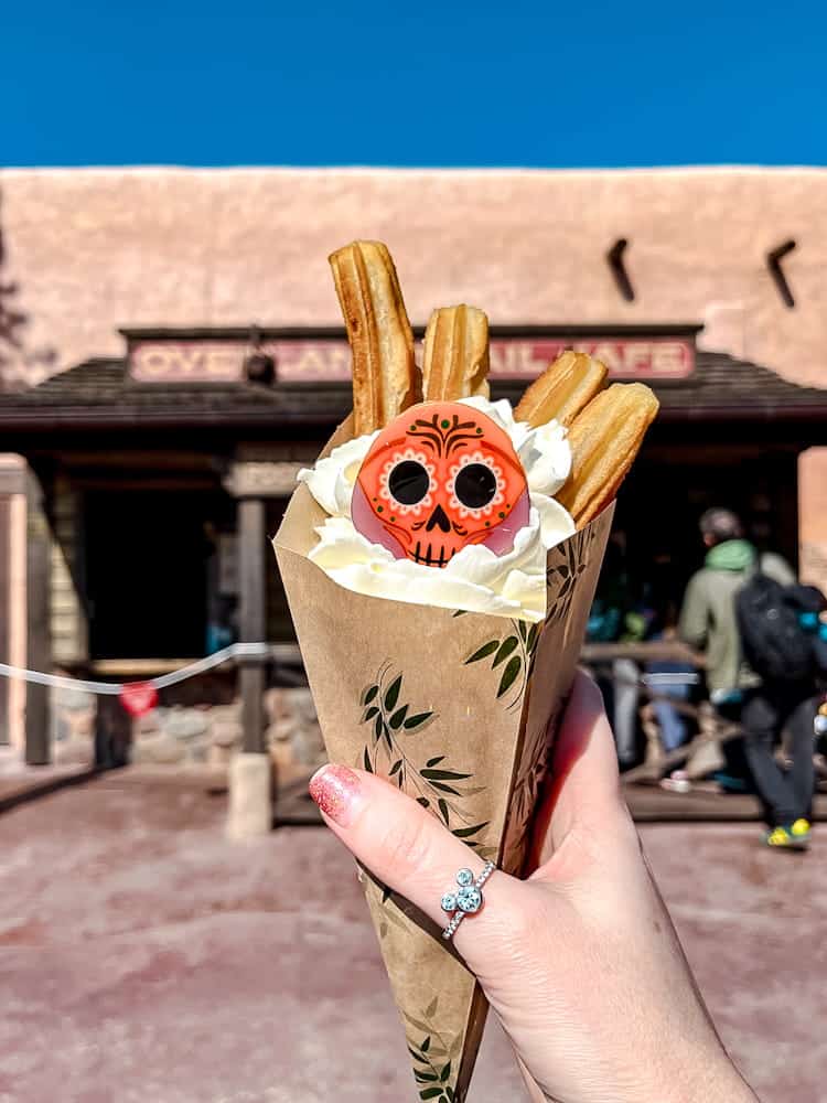Churros with whipped cream and cocoa medallion at Overland Trail Café in Disneyland Paris