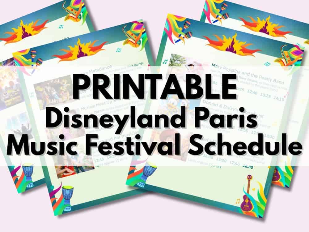 A pastel-themed graphic showing the Free Printable Disney Music Festival Schedule for Disneyland Paris 2025, with times, locations, and tips for each live show