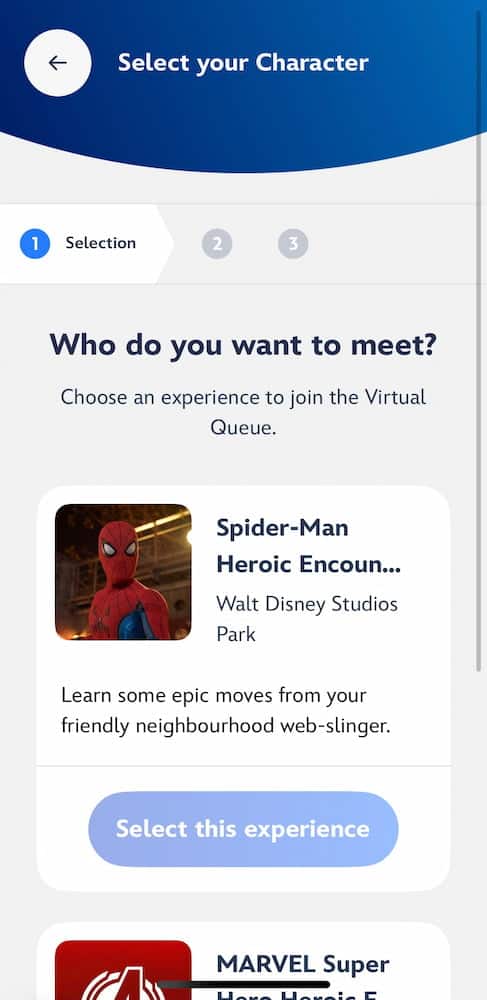 Screenshot of the Disneyland Paris app showing the option to select Spider-Man for a virtual queue character meet.
