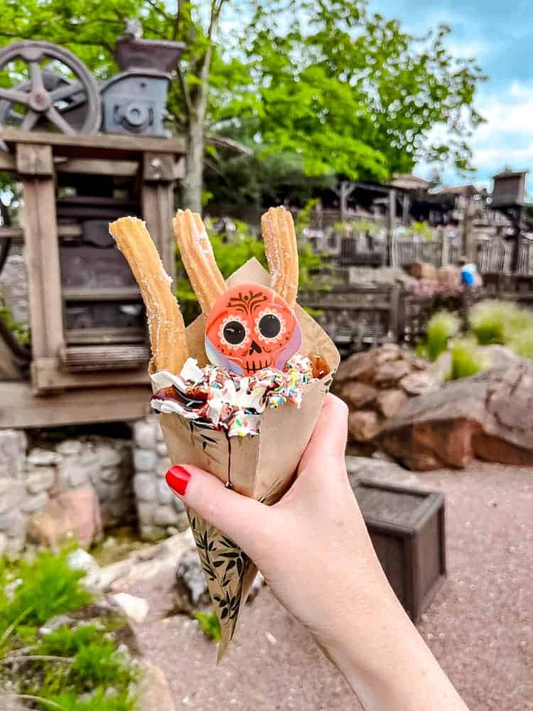 Colourful churro cone with whipped cream, chocolate, and sprinkles held in front of Big Thunder Mountain backdrop.