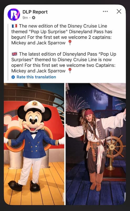 Captain Mickey in his Disney Cruise Line uniform and Captain Jack Sparrow pose at their themed photo spots during the Disneyland Paris Pop-Up Surprise event for annual passholders, April–May 2025.