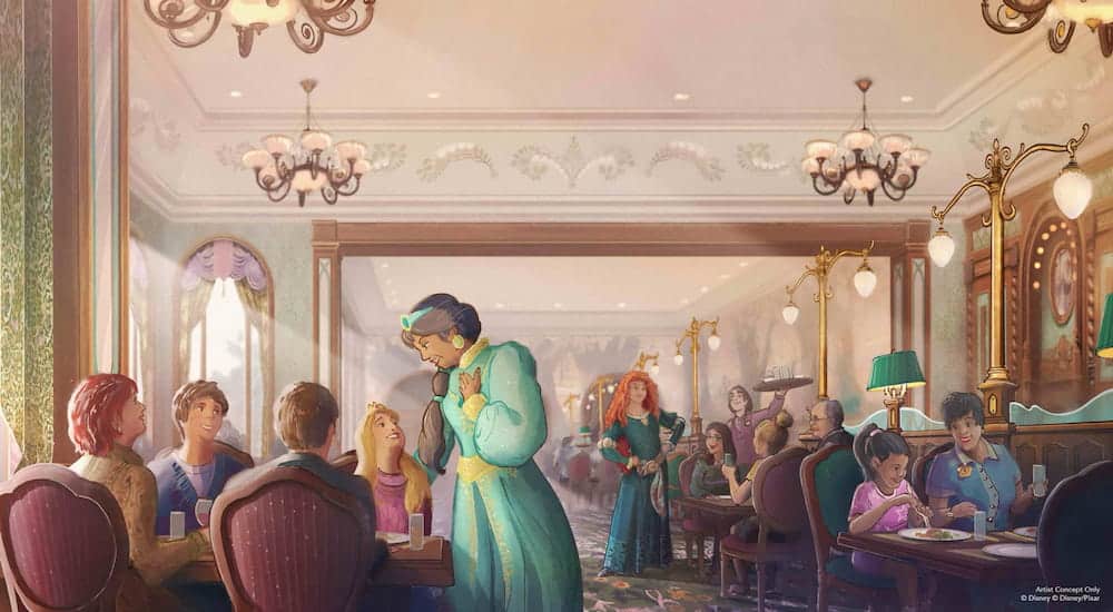 Artist rendering of the upcoming Regal View Restaurant at Disneyland Paris, showing a bright, elegant dining room with chandeliers, arched windows, and families enjoying meals while princesses like Jasmine and Merida visit guests at their tables.