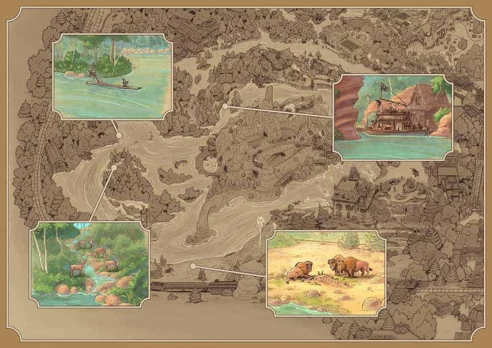 Concept art map showing the upcoming additions to the Rivers of the Far West at Disneyland Paris, including new scenes with bison, deer, raccoons, and a pirate ship, all inspired by original Imagineer Marc Davis's drawings.
