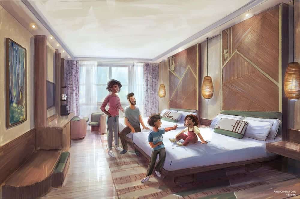Detailed view of Disney Sequoia Lodge’s redesigned lobby, with cosy lounge seating, greenery, and rustic-modern architecture.