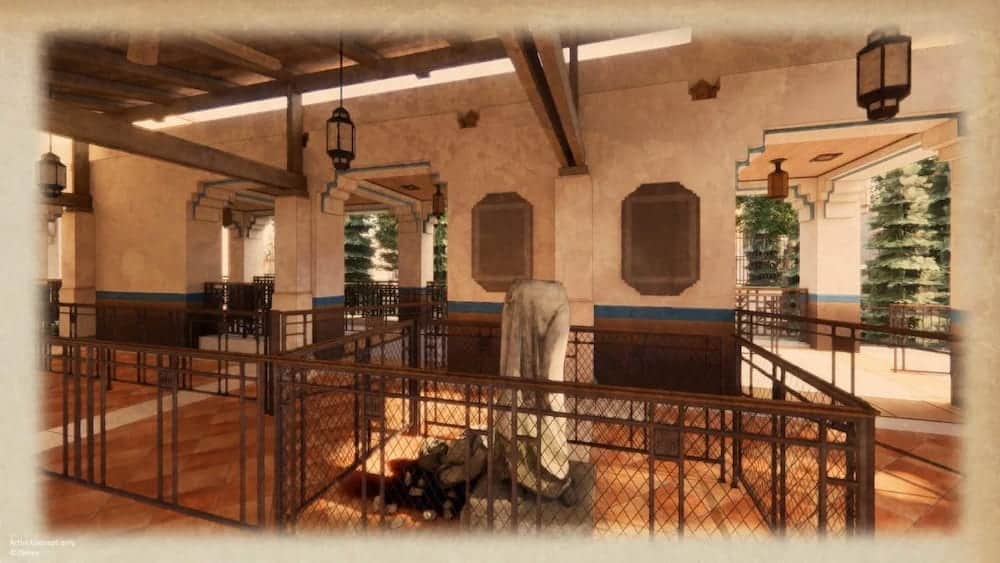 Concept art showing the redesigned outdoor queue for the Hollywood Tower Hotel at Disneyland Paris, featuring covered waiting areas, lantern lighting, wrought-iron railings, and warm-toned Spanish Colonial architecture.