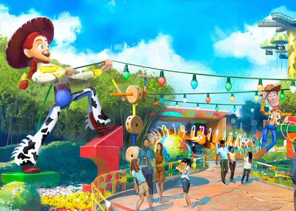 Concept art of Toy Story Playland at Disneyland Paris showing a large Jessie figure pulling string lights, with Woody waving nearby and the Slinky Dog Zigzag Spin in the background.


