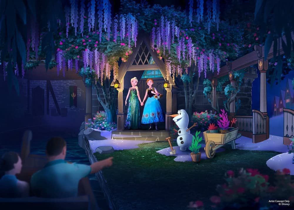 Concept art of the Frozen Ever After ride at Disneyland Paris featuring Anna, Elsa, and Olaf greeting riders amid hanging flowers and snow-covered decor.