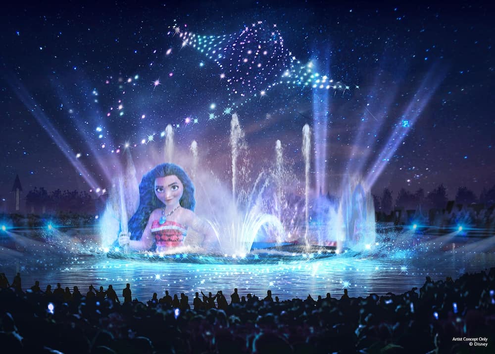 Concept art showing a nighttime show at Adventure Bay Lake in Disneyland Paris, with giant water screens featuring Moana, colourful fountains, and glowing drones.