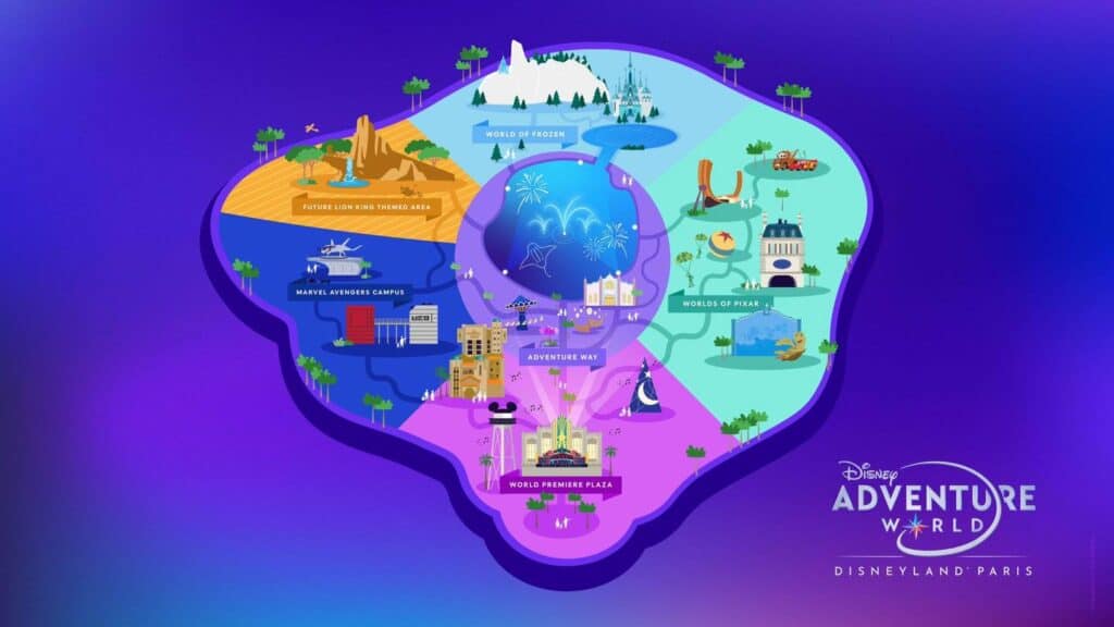  Illustrated map showing the layout of Disney Adventure World, including World of Frozen, World Premiere Plaza, Adventure Bay Lake, Avengers Campus, and the upcoming Lion King area.