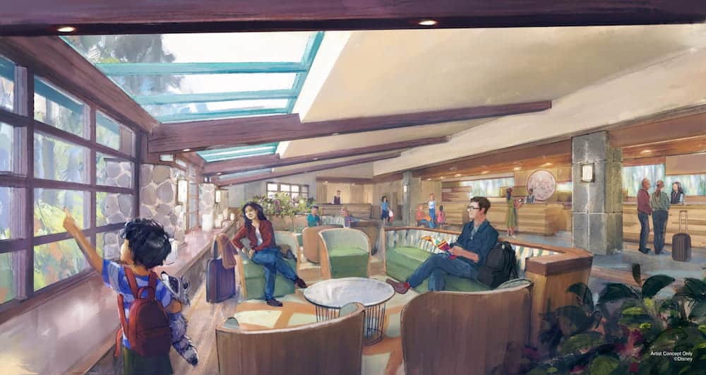 Concept art showing the future refurbished lobby at Disney Sequoia Lodge, with natural wood beams, large windows, and forest views.